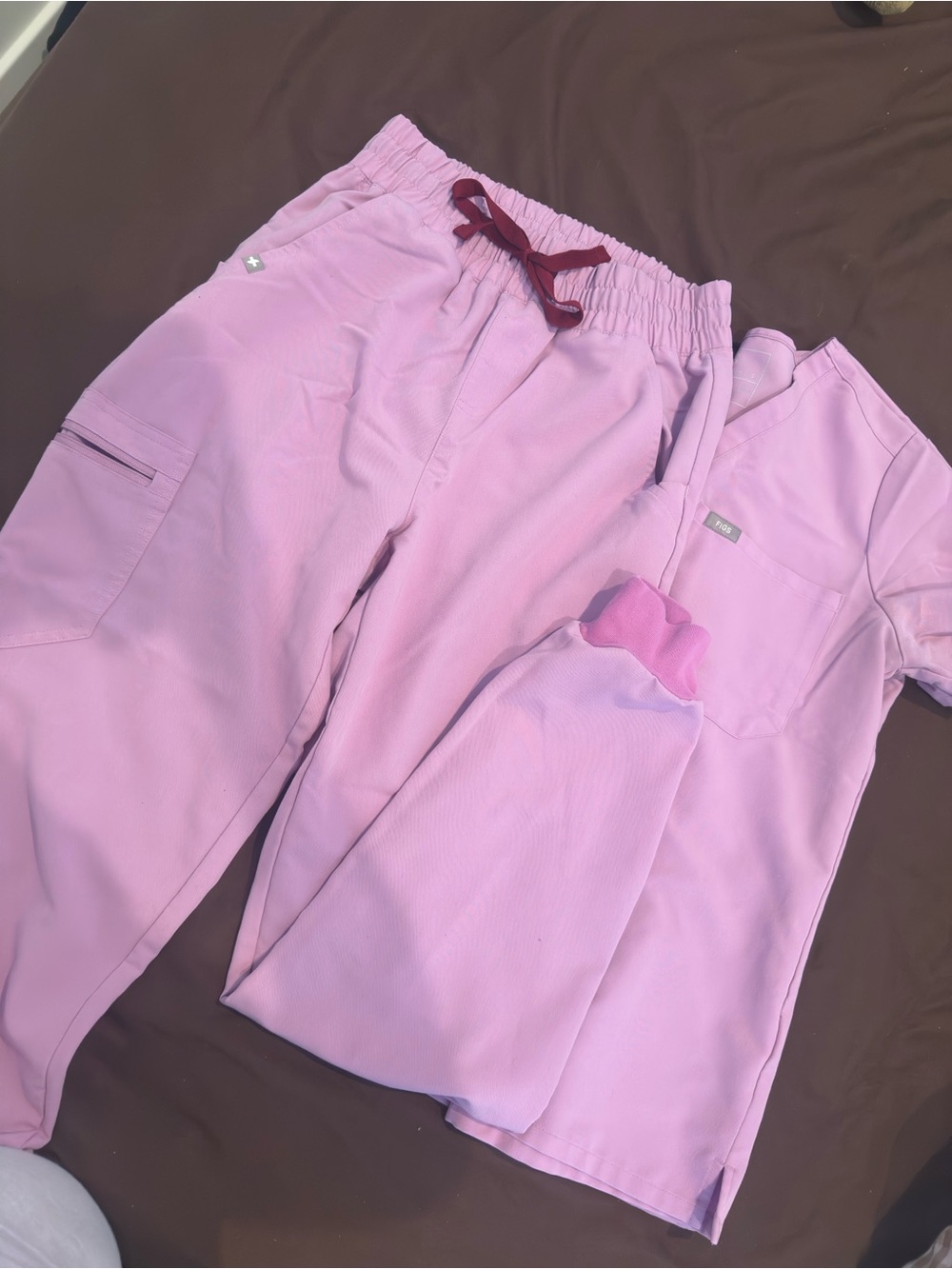 Figs Pink Scrub Joggers with Maroon Drawstring